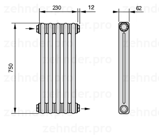 Схема (чертеж) Радиатор Zehnder Charleston 2075/5 №1670 Белый глянцевый RAL 9016